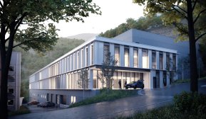 Forprosjektillustration av hovedankomsten til det nye protonsenteret. Foto: Arkitema Architects