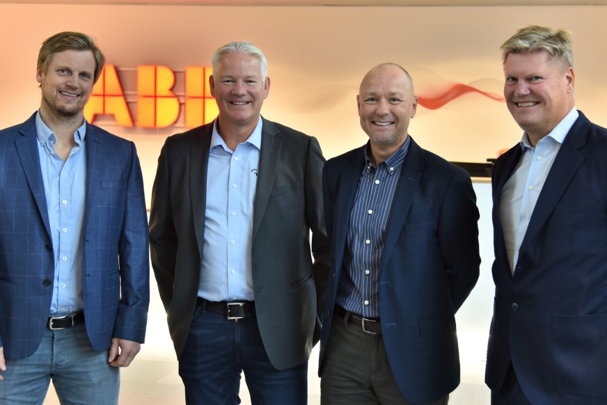 Samarbeid om energieffektivisering: Stian Orvedal, divisjonsdirektør Service, GK Norge, Espen Thorgersen, regionsdirektør Øst Service, GK Norge, Lars-Fredrik Mathiesen, leder, ABB Motion, Norge og Per Erik Holsten, adm.dir. ABB i Norge