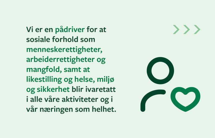 Vi er en pådriver for at  sosiale forhold som  menneskerettigheter, arbeiderrettigheter og mangfold, samt at  likestilling og helse, miljø og sikkerhet blir ivaretatt i alle våre aktiviteter og i vår næringen som helhet.