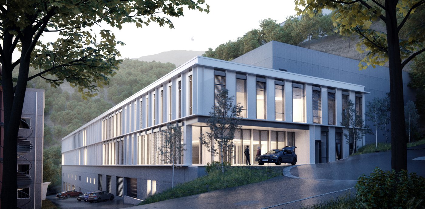 Forprosjektillustration av hovedankomsten til det nye protonsenteret. Foto: Arkitema Architects