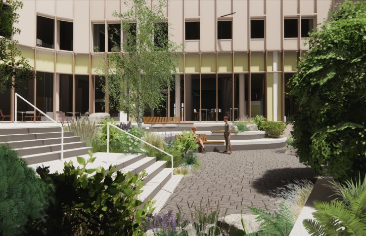 Illustrasjon: atrium ved nye Stavanger universitetssykehus.