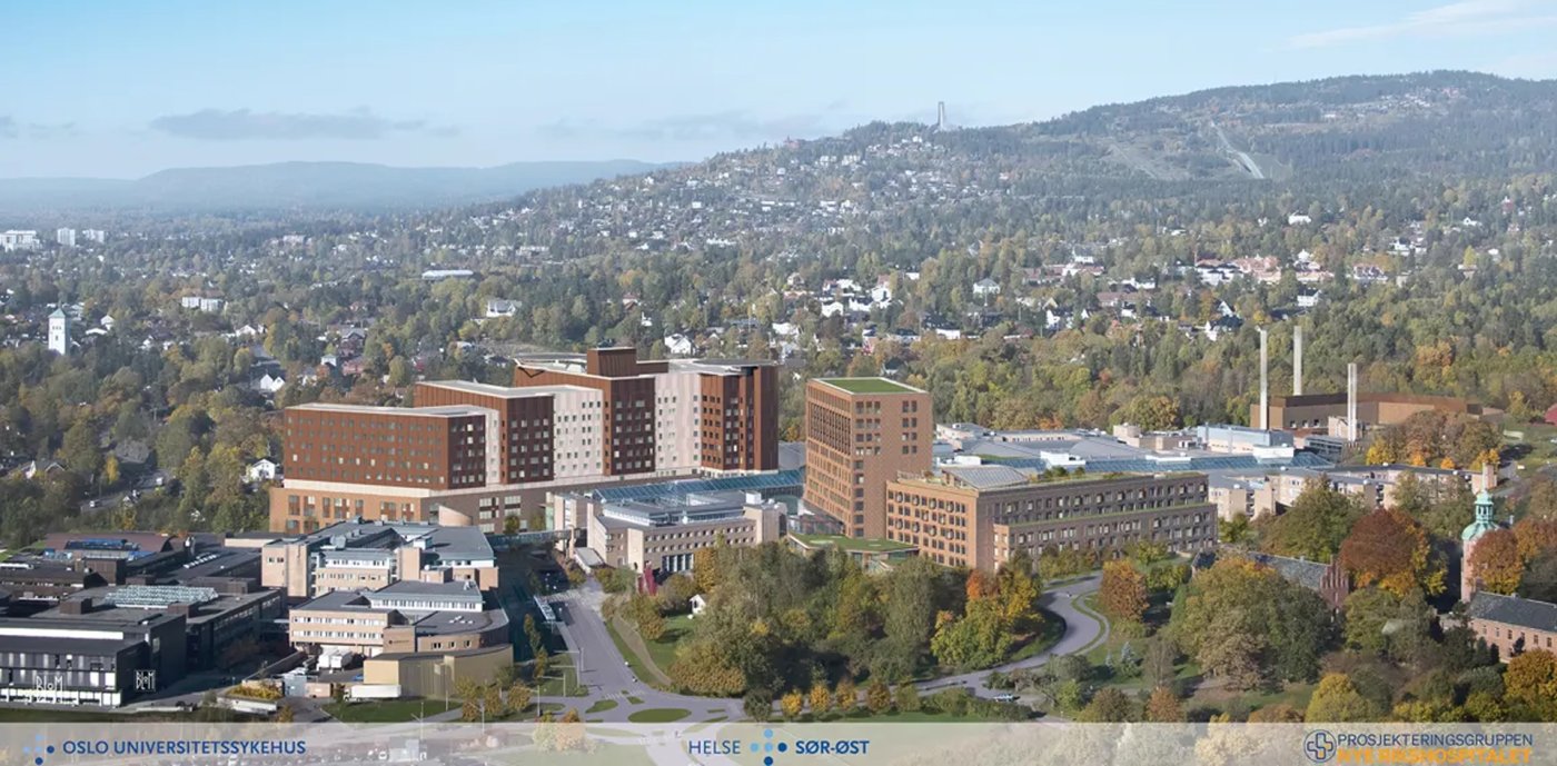 Nye Rikshospitalet fra fugleperspektiv. Illustrasjon: Prosjekteringsgruppen Nye Rikshospitalet.